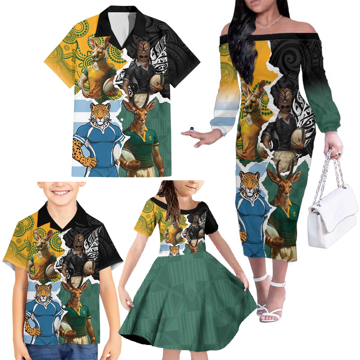 Personalised Rugby 2025 Championship Family Matching Off The Shoulder Long Sleeve Dress and Hawaiian Shirt Southern Hemisphere Countries Mascots - Aussie Hoodie