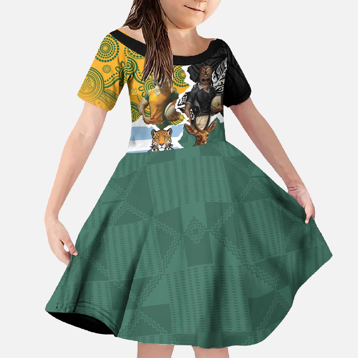 Personalised Rugby 2025 Championship Family Matching Off The Shoulder Long Sleeve Dress and Hawaiian Shirt Southern Hemisphere Countries Mascots - Aussie Hoodie