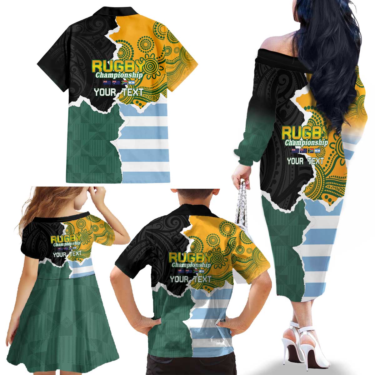 Personalised Rugby 2025 Championship Family Matching Off The Shoulder Long Sleeve Dress and Hawaiian Shirt Southern Hemisphere Countries Mascots - Aussie Hoodie