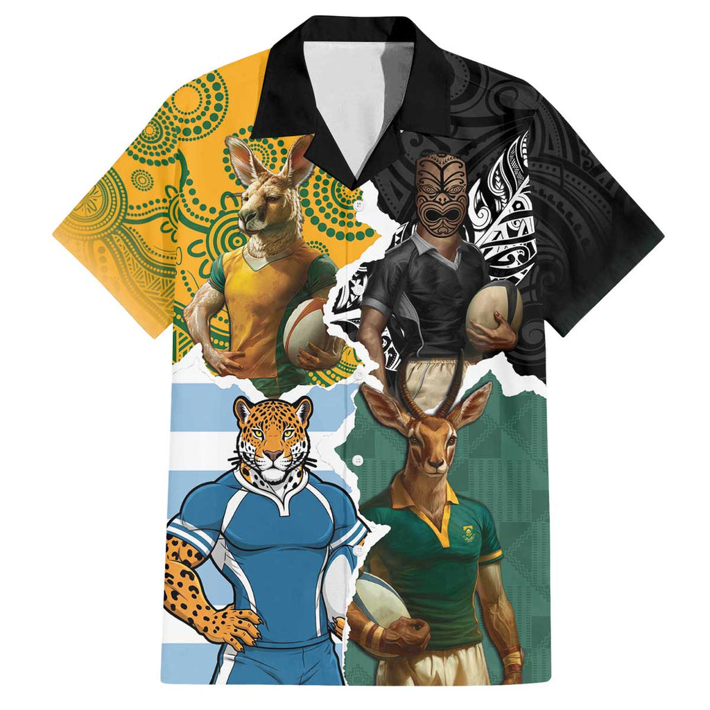 Personalised Rugby 2025 Championship Family Matching Off The Shoulder Long Sleeve Dress and Hawaiian Shirt Southern Hemisphere Countries Mascots - Aussie Hoodie