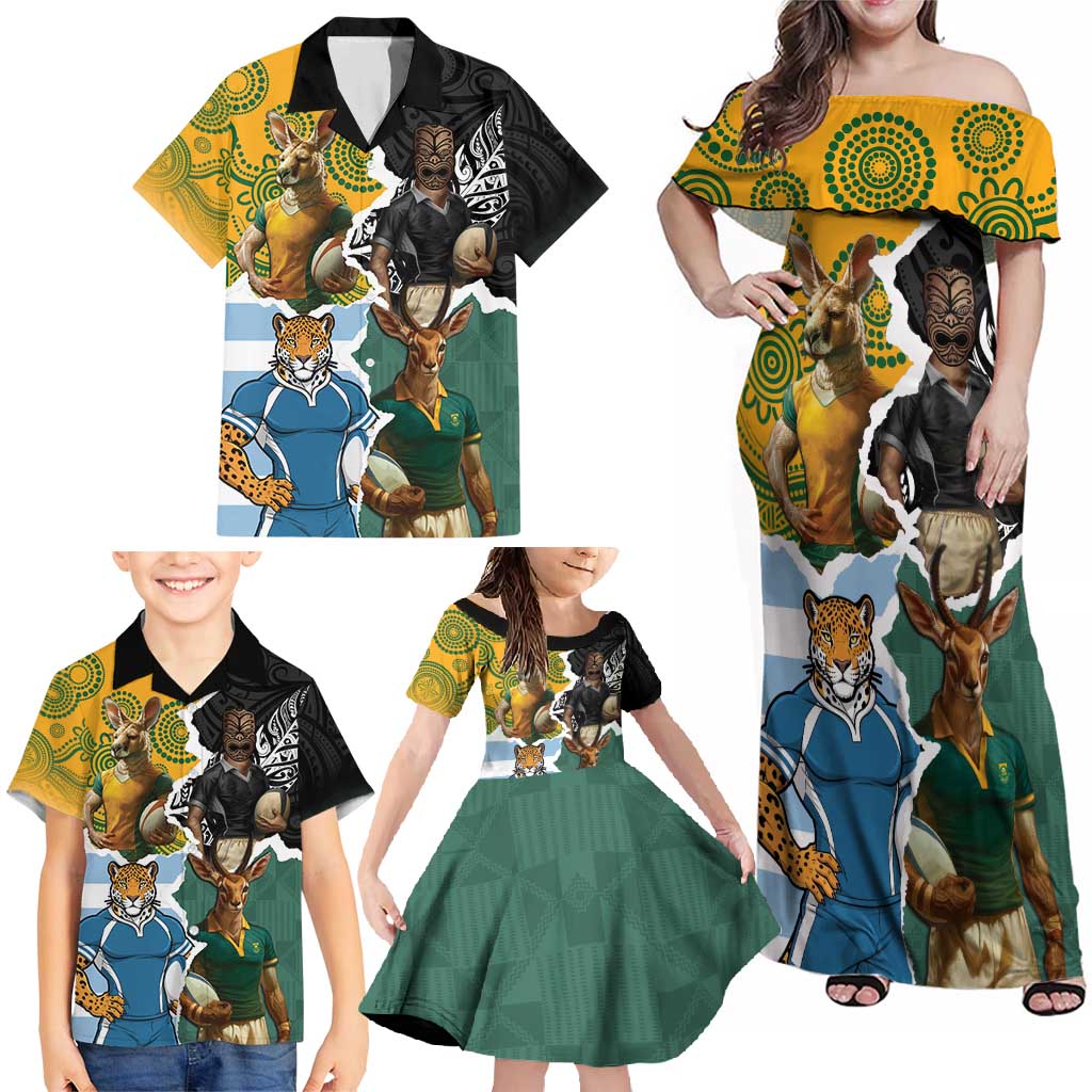 Personalised Rugby 2025 Championship Family Matching Off Shoulder Maxi Dress and Hawaiian Shirt Southern Hemisphere Countries Mascots - Aussie Hoodie