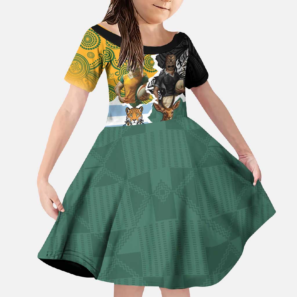 Personalised Rugby 2025 Championship Family Matching Off Shoulder Maxi Dress and Hawaiian Shirt Southern Hemisphere Countries Mascots - Aussie Hoodie