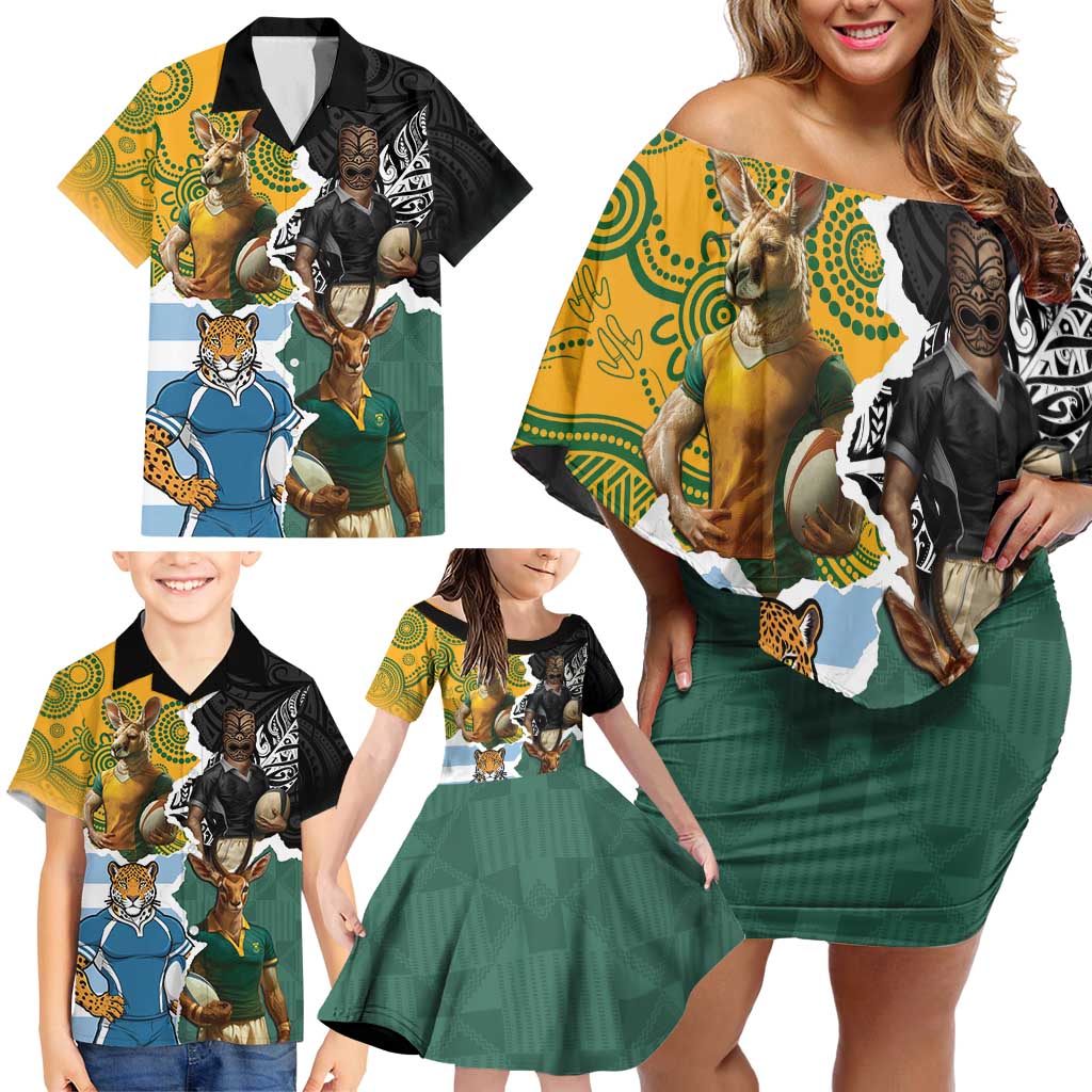 Personalised Rugby 2025 Championship Family Matching Off Shoulder Short Dress and Hawaiian Shirt Southern Hemisphere Countries Mascots - Aussie Hoodie