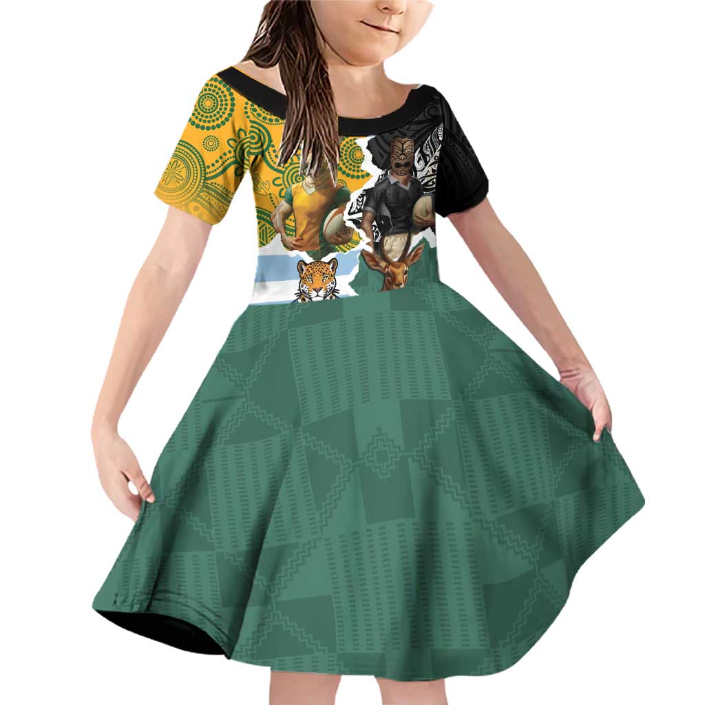 Personalised Rugby 2025 Championship Family Matching Off Shoulder Short Dress and Hawaiian Shirt Southern Hemisphere Countries Mascots - Aussie Hoodie
