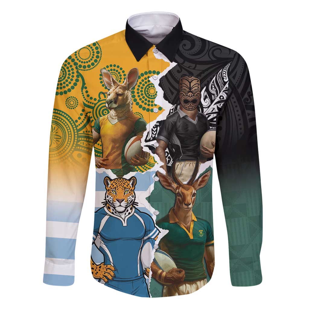 Personalised Rugby 2025 Championship Family Matching Off Shoulder Short Dress and Hawaiian Shirt Southern Hemisphere Countries Mascots - Aussie Hoodie