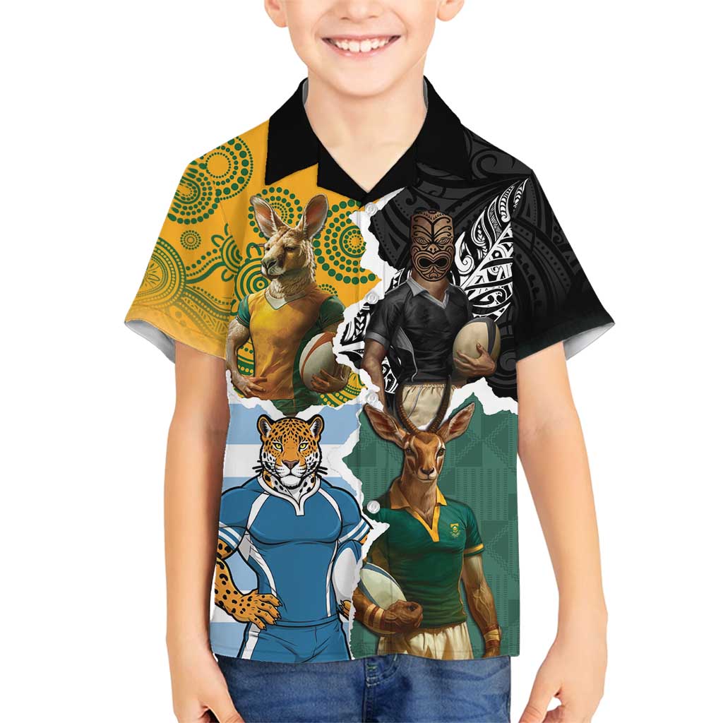 Personalised Rugby 2025 Championship Family Matching Off Shoulder Short Dress and Hawaiian Shirt Southern Hemisphere Countries Mascots - Aussie Hoodie