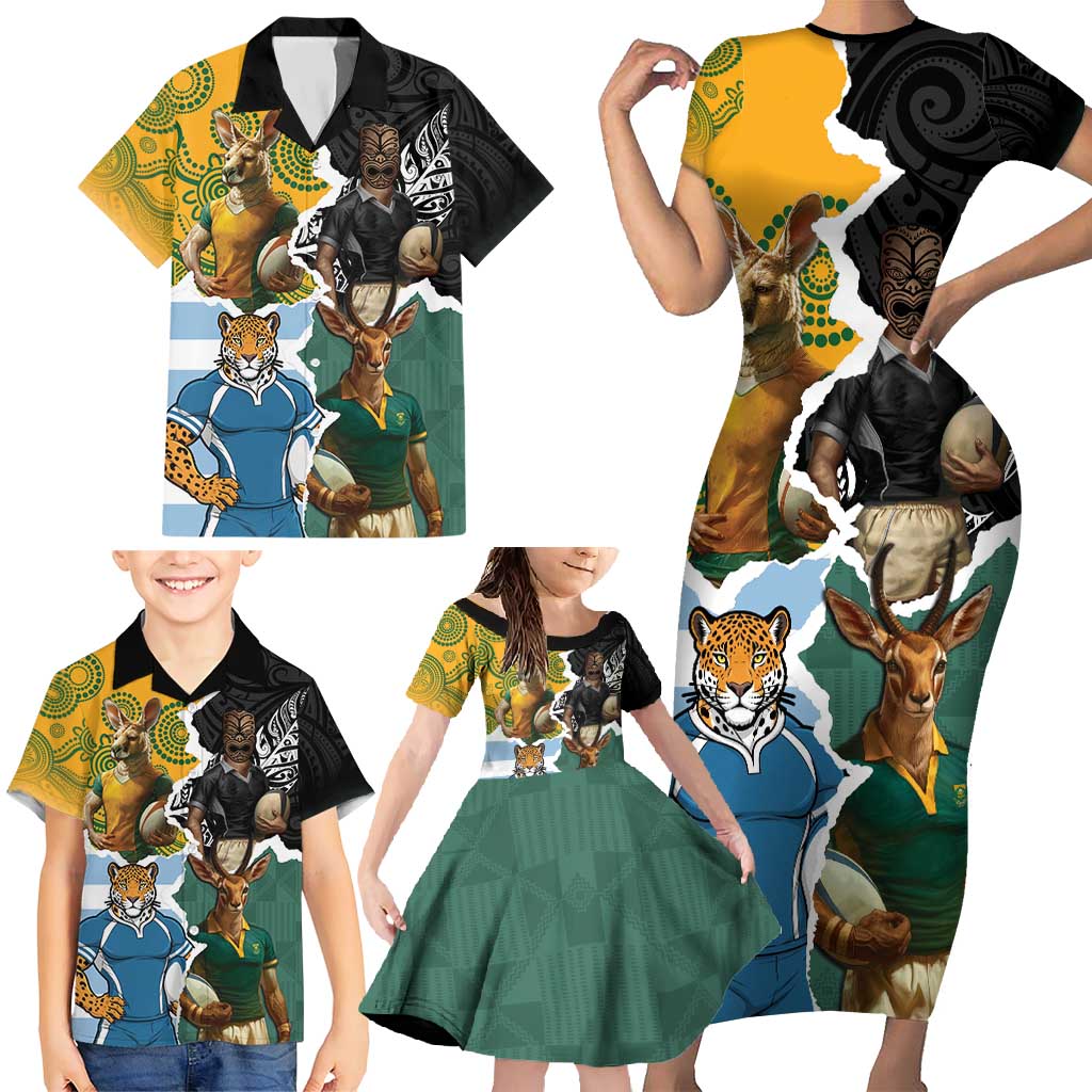 Personalised Rugby 2025 Championship Family Matching Short Sleeve Bodycon Dress and Hawaiian Shirt Southern Hemisphere Countries Mascots - Aussie Hoodie