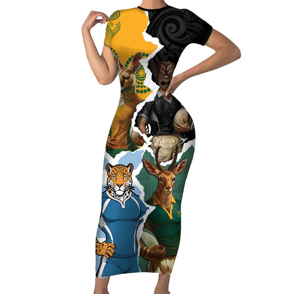 Personalised Rugby 2025 Championship Family Matching Short Sleeve Bodycon Dress and Hawaiian Shirt Southern Hemisphere Countries Mascots - Aussie Hoodie