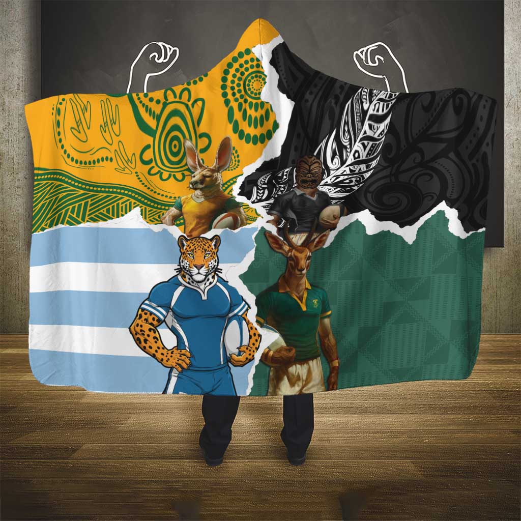 Rugby 2025 Championship Hooded Blanket Southern Hemisphere Countries Mascots - Aussie Hoodie