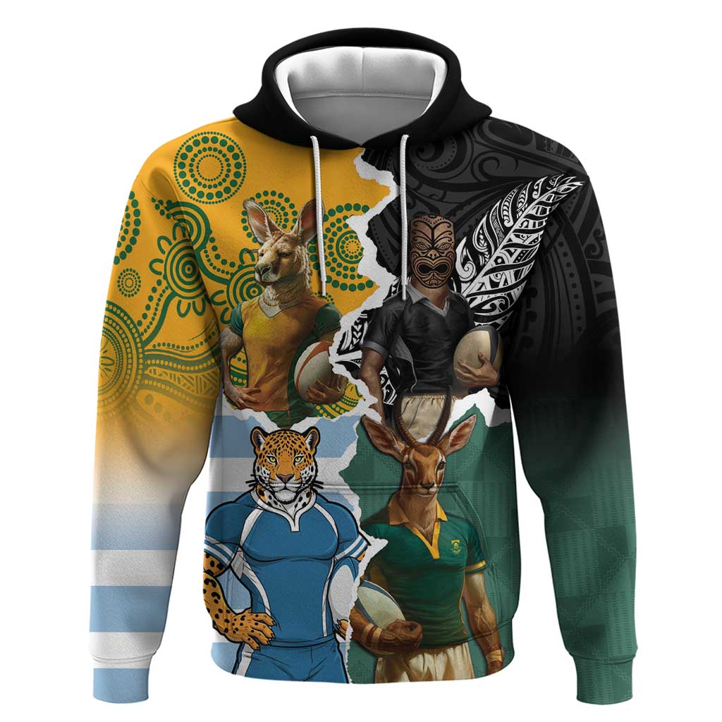 Personalised Rugby 2025 Championship Hoodie Southern Hemisphere Countries Mascots - Aussie Hoodie