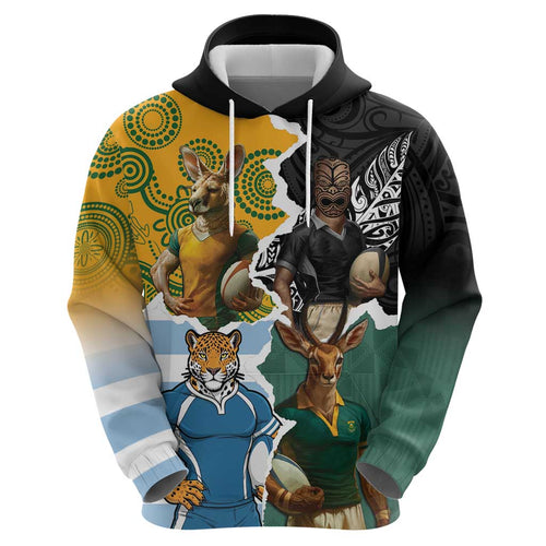 Personalised Rugby 2025 Championship Hoodie Southern Hemisphere Countries Mascots - Aussie Hoodie