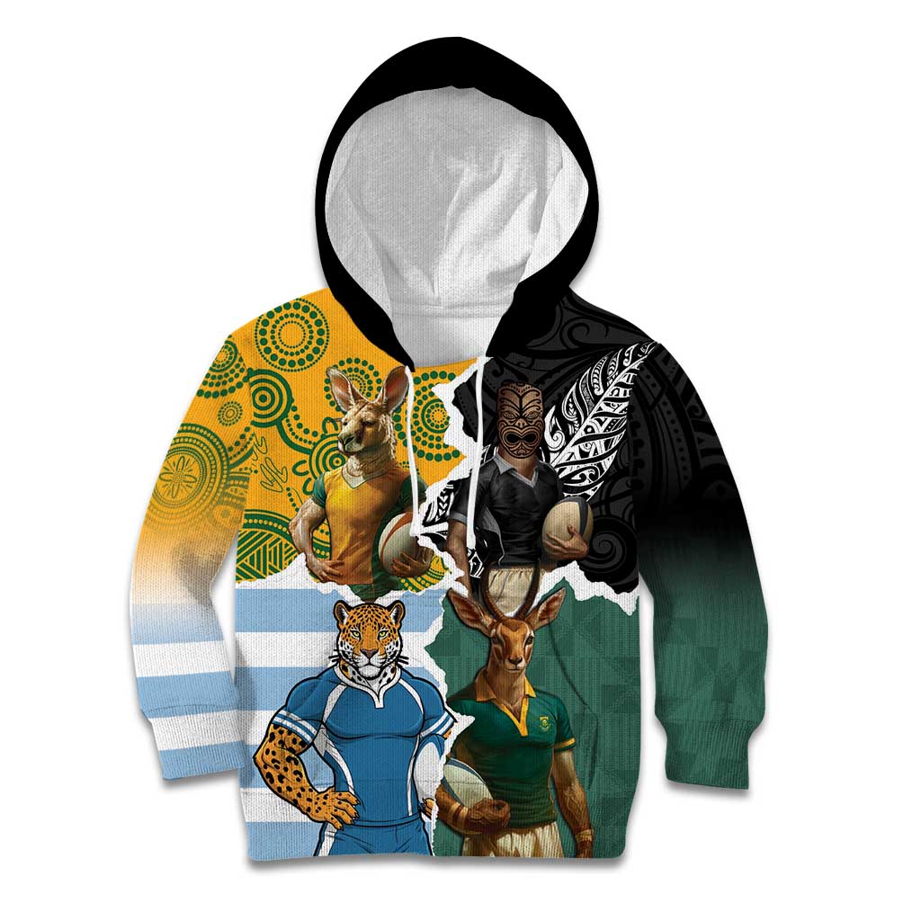Personalised Rugby 2025 Championship Kid Hoodie Southern Hemisphere Countries Mascots - Aussie Hoodie
