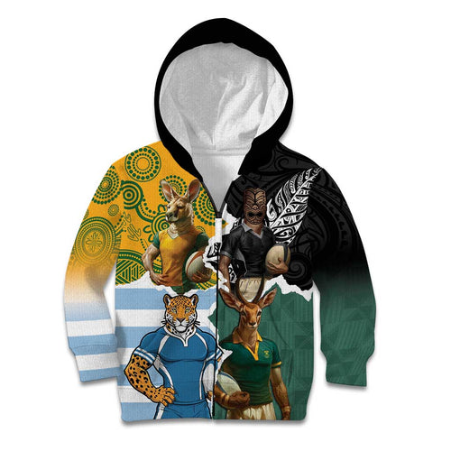 Personalised Rugby 2025 Championship Kid Hoodie Southern Hemisphere Countries Mascots - Aussie Hoodie