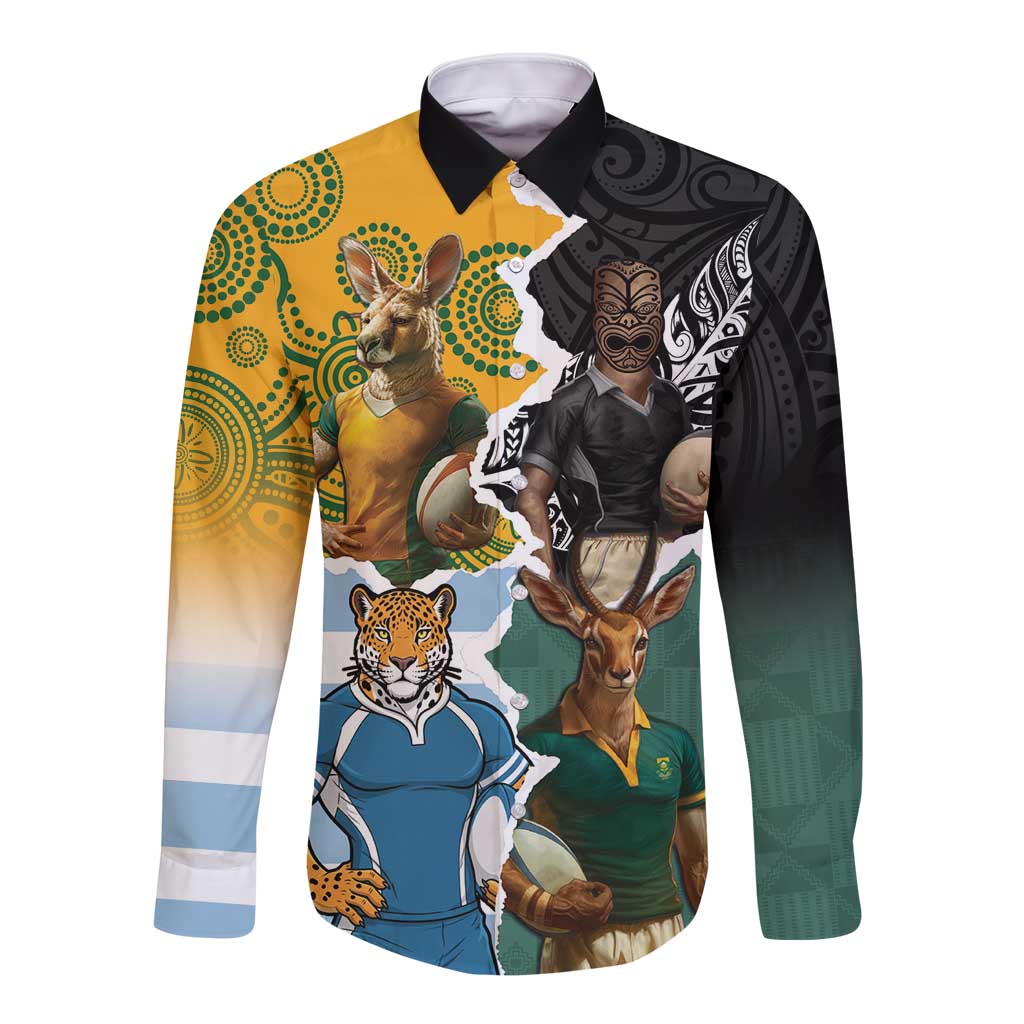 Personalised Rugby 2025 Championship Long Sleeve Button Shirt Southern Hemisphere Countries Mascots - Aussie Hoodie