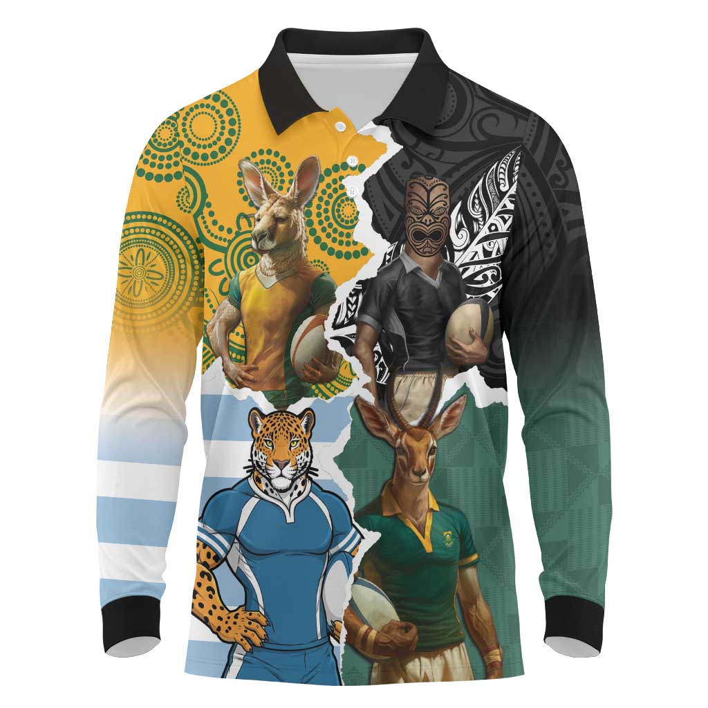 Personalised Rugby 2025 Championship Long Sleeve Polo Shirt Southern Hemisphere Countries Mascots - Aussie Hoodie
