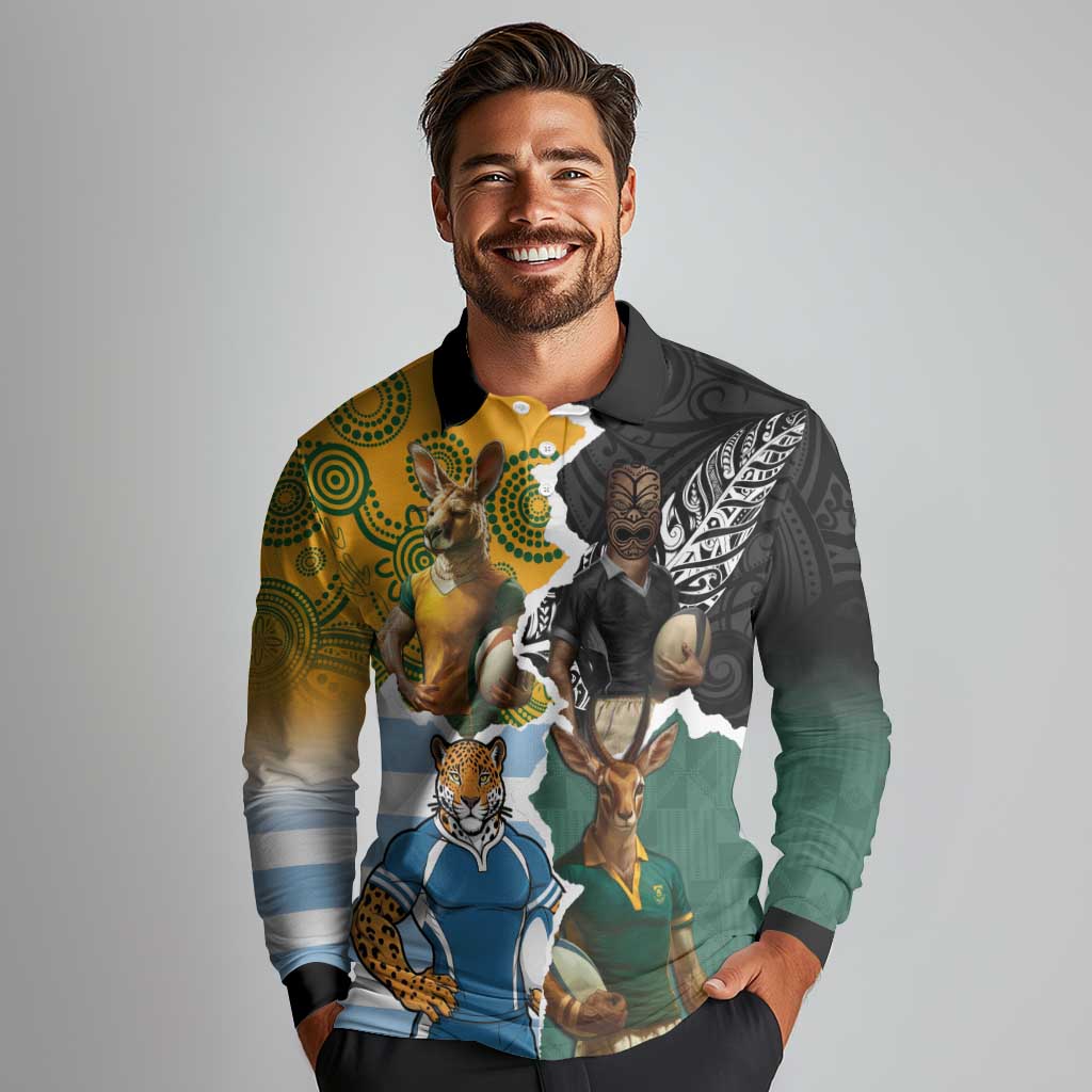 Personalised Rugby 2025 Championship Long Sleeve Polo Shirt Southern Hemisphere Countries Mascots - Aussie Hoodie