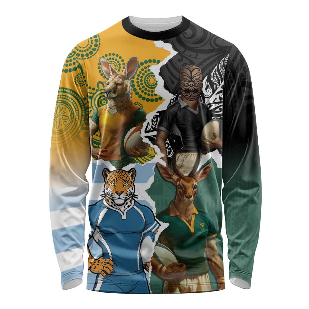 Personalised Rugby 2025 Championship Long Sleeve Shirt Southern Hemisphere Countries Mascots - Aussie Hoodie