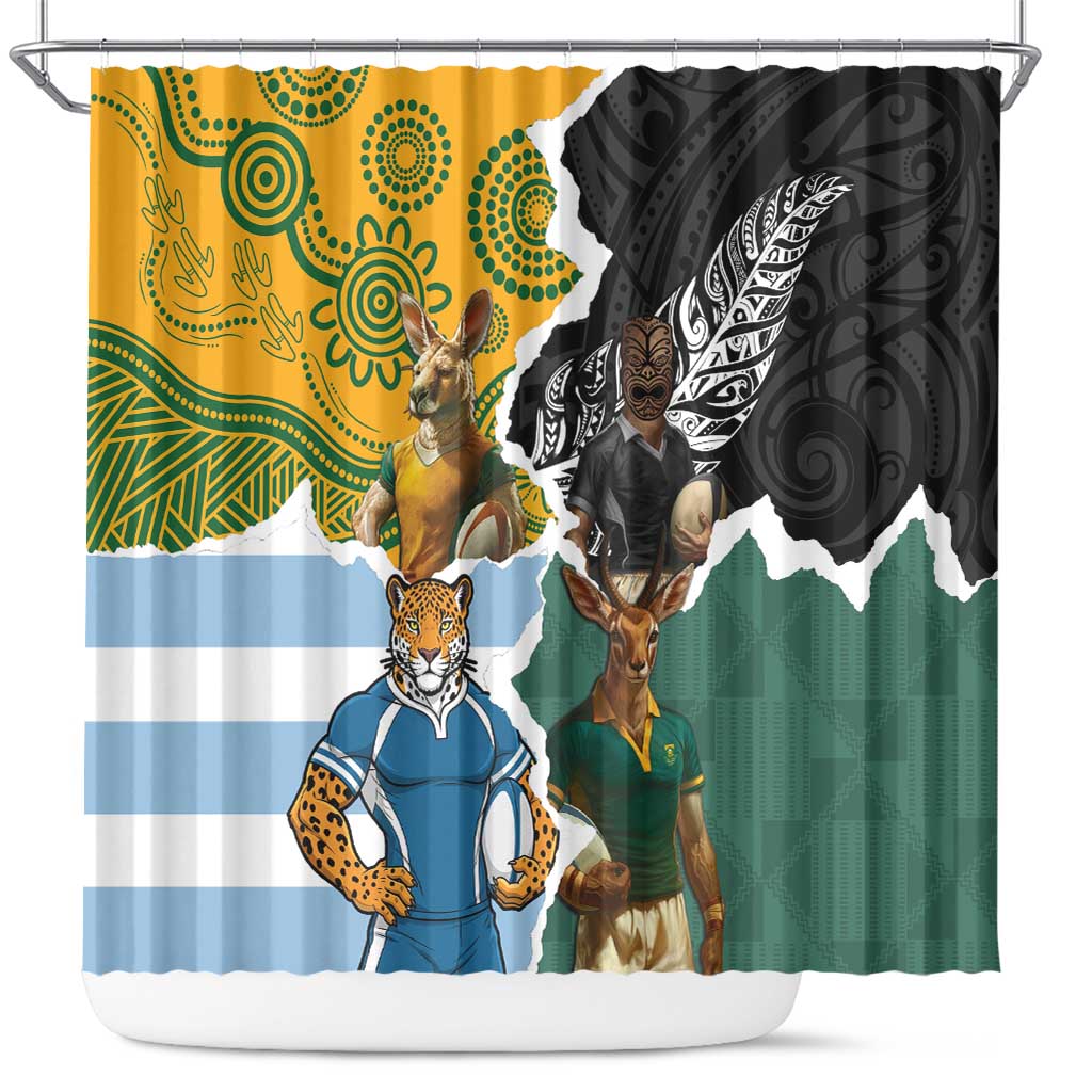 Rugby 2025 Championship Shower Curtain Southern Hemisphere Countries Mascots - Aussie Hoodie