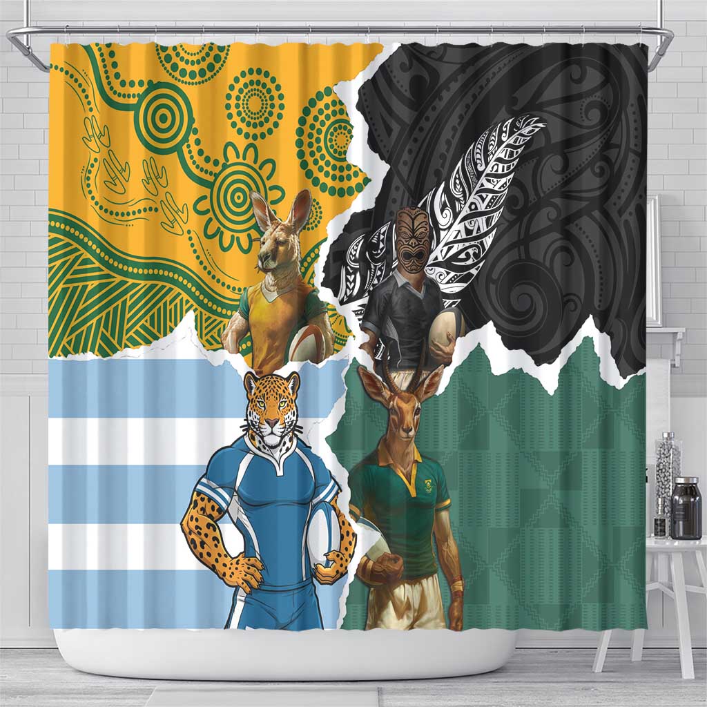 Rugby 2025 Championship Shower Curtain Southern Hemisphere Countries Mascots - Aussie Hoodie