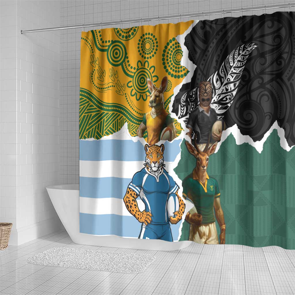 Rugby 2025 Championship Shower Curtain Southern Hemisphere Countries Mascots - Aussie Hoodie