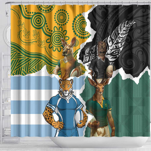 Rugby 2025 Championship Shower Curtain Southern Hemisphere Countries Mascots - Aussie Hoodie