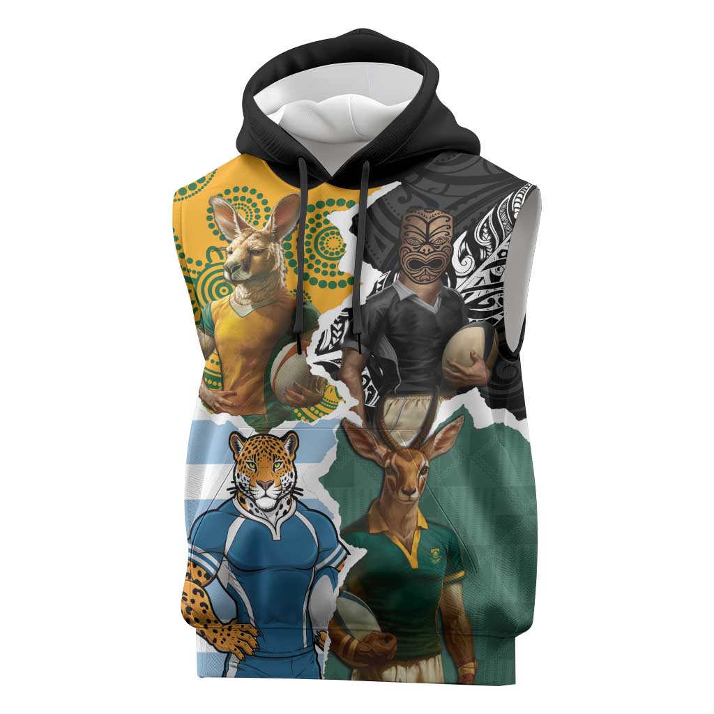 Personalised Rugby 2025 Championship Sleeveless Hoodie Southern Hemisphere Countries Mascots - Aussie Hoodie