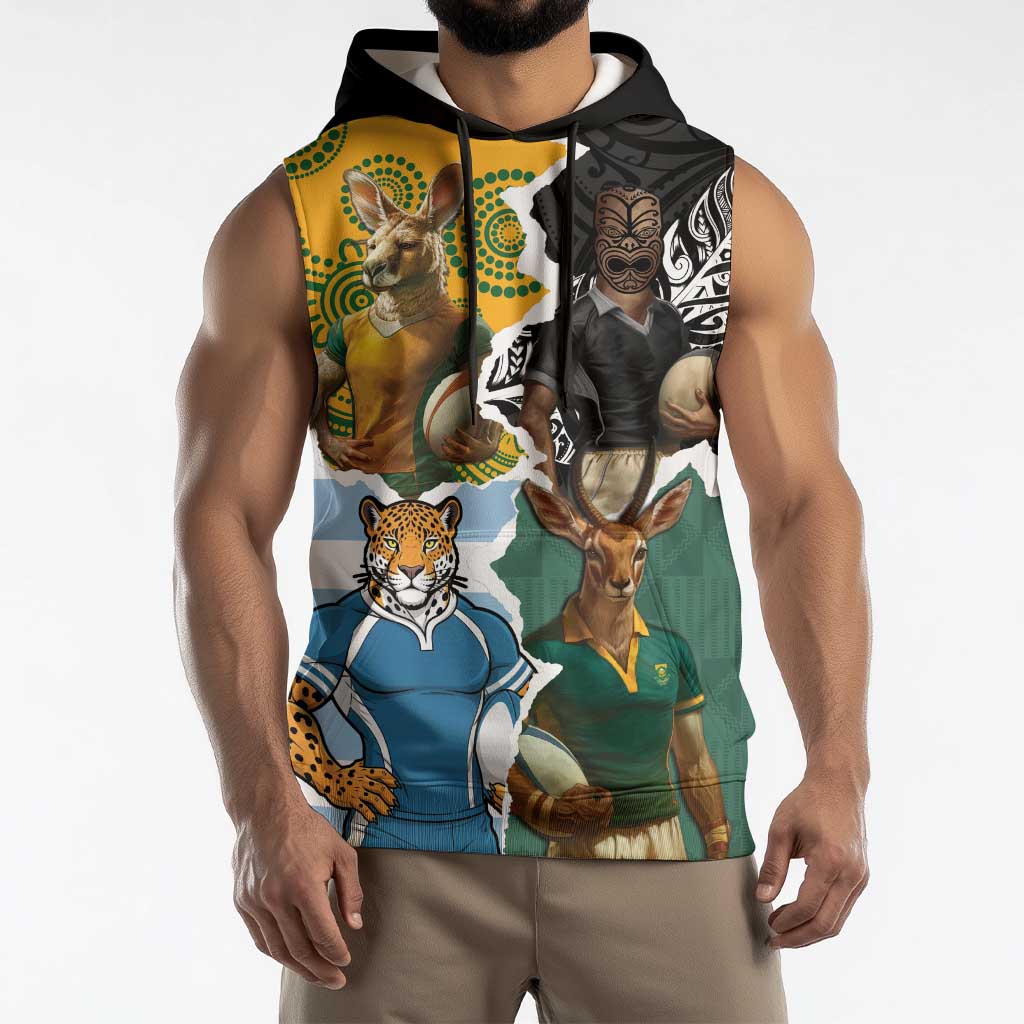 Personalised Rugby 2025 Championship Sleeveless Hoodie Southern Hemisphere Countries Mascots - Aussie Hoodie