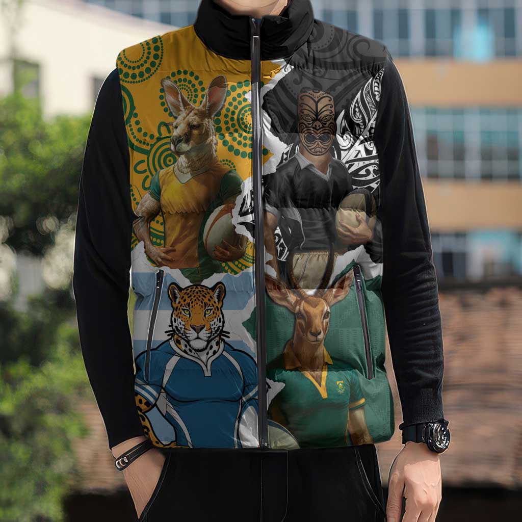Personalised Rugby 2025 Championship Sleeveless Puffer Jacket Southern Hemisphere Countries Mascots - Aussie Hoodie