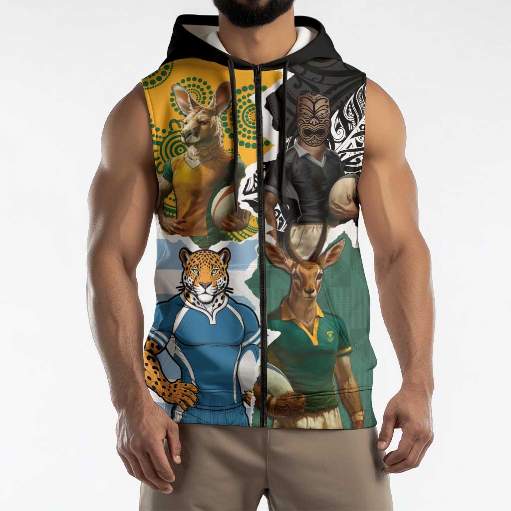 Personalised Rugby 2025 Championship Sleeveless Zip Hoodie Southern Hemisphere Countries Mascots LT14