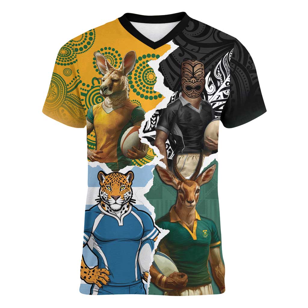Personalised Rugby 2025 Championship Women V-Neck T-Shirt Southern Hemisphere Countries Mascots - Aussie Hoodie