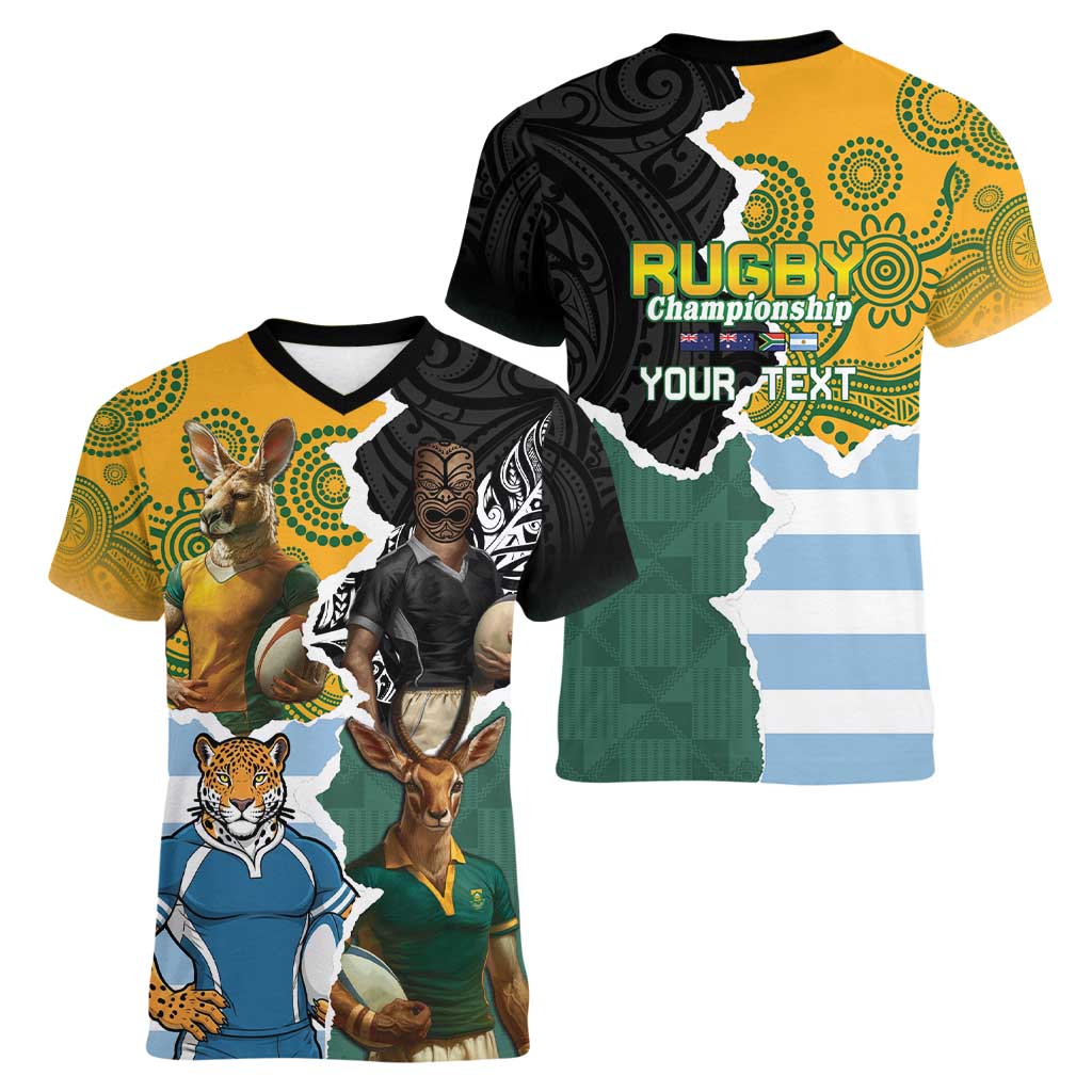 Personalised Rugby 2025 Championship Women V-Neck T-Shirt Southern Hemisphere Countries Mascots - Aussie Hoodie