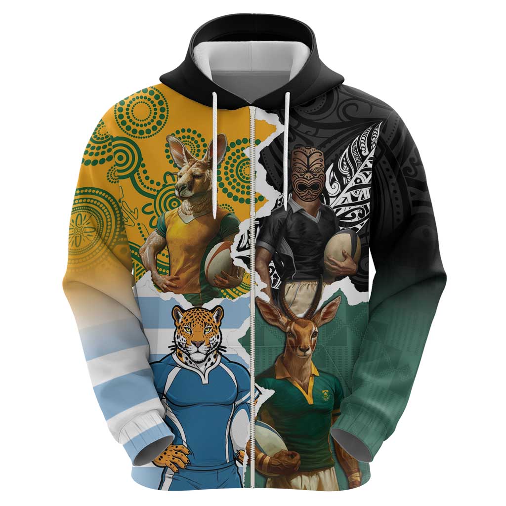Personalised Rugby 2025 Championship Zip Hoodie Southern Hemisphere Countries Mascots - Aussie Hoodie