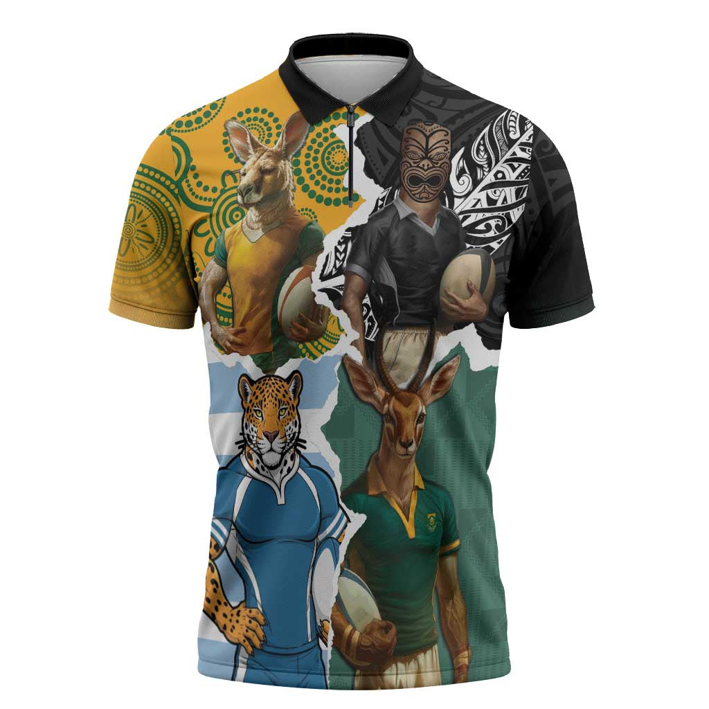 Personalised Rugby 2025 Championship Zipper Polo Shirt Southern Hemisphere Countries Mascots - Aussie Hoodie