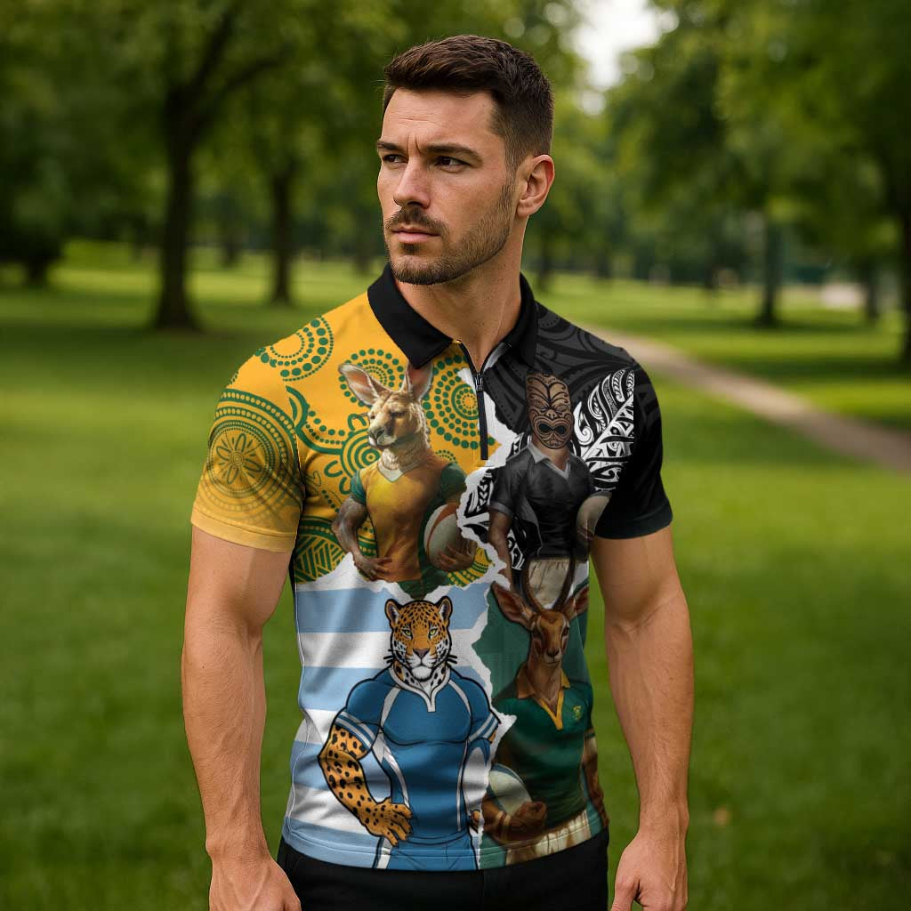 Personalised Rugby 2025 Championship Zipper Polo Shirt Southern Hemisphere Countries Mascots - Aussie Hoodie