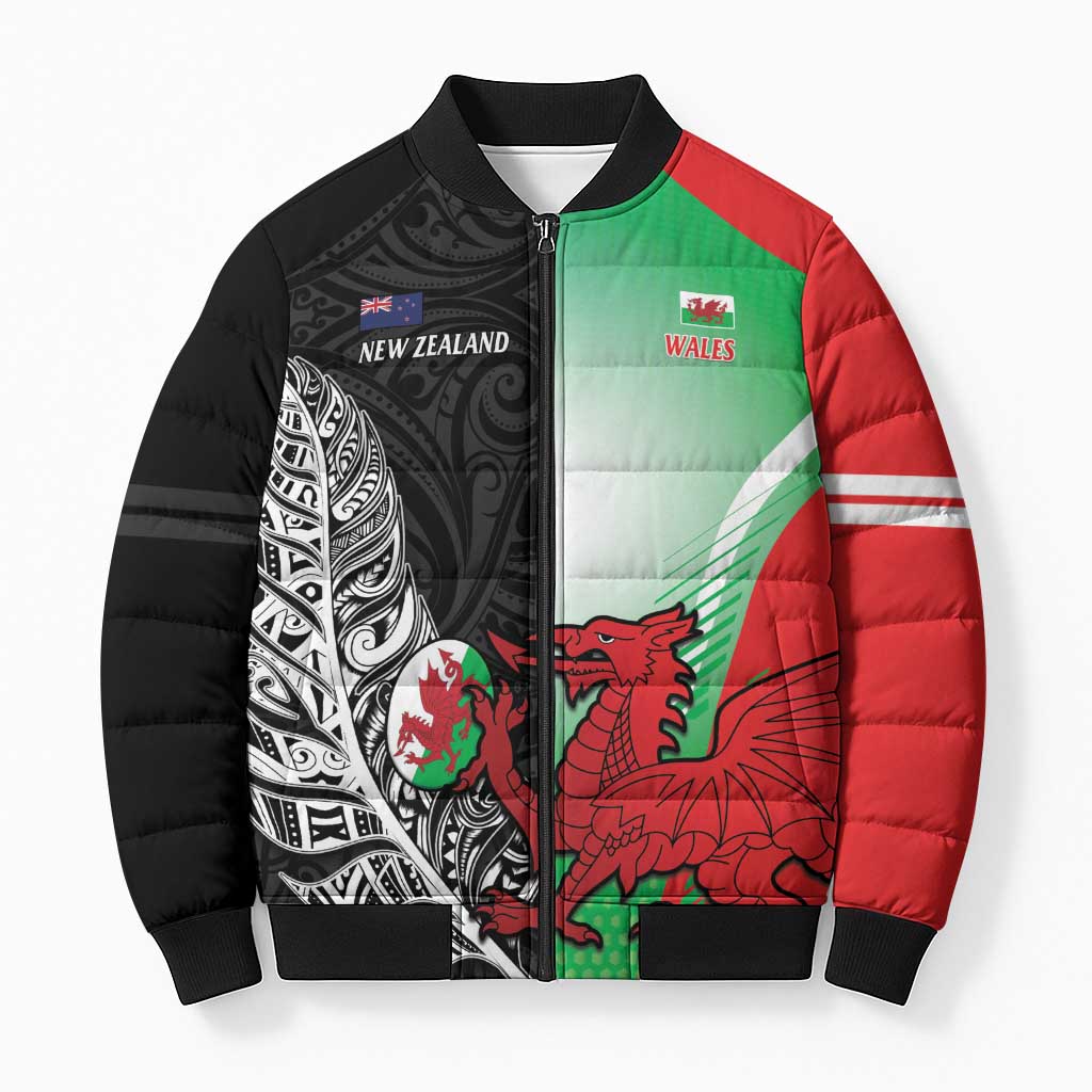 New Zealand and Wales Rugby Custom Bomber Puffer Jacket Aotearoa All Black Combine Welsh Dragon - Aussie Hoodie