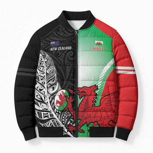 New Zealand and Wales Rugby Custom Bomber Puffer Jacket Aotearoa All Black Combine Welsh Dragon - Aussie Hoodie