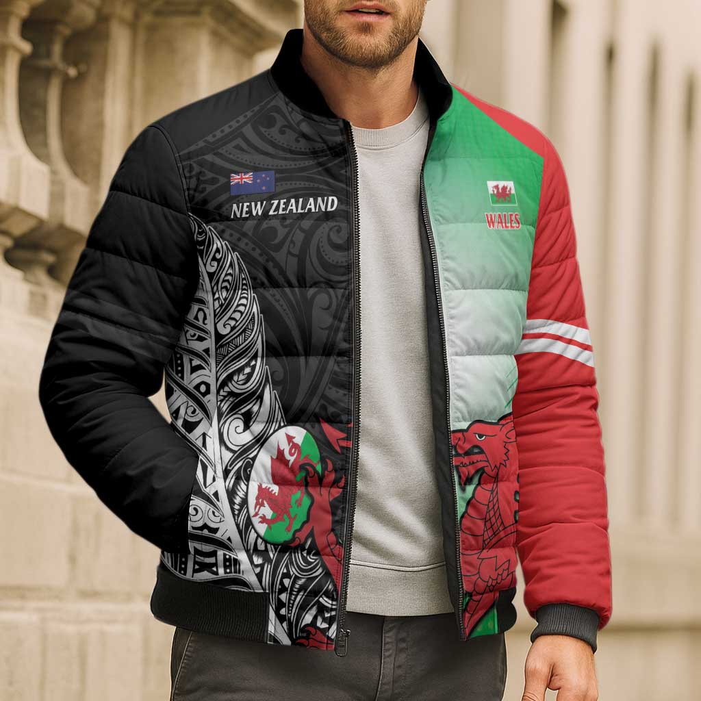 New Zealand and Wales Rugby Custom Bomber Puffer Jacket Aotearoa All Black Combine Welsh Dragon - Aussie Hoodie