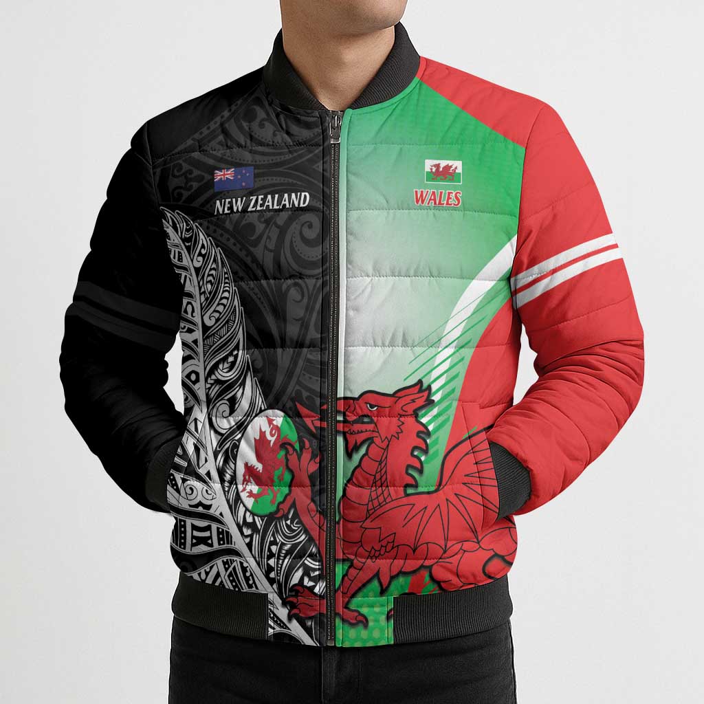 New Zealand and Wales Rugby Custom Bomber Puffer Jacket Aotearoa All Black Combine Welsh Dragon - Aussie Hoodie