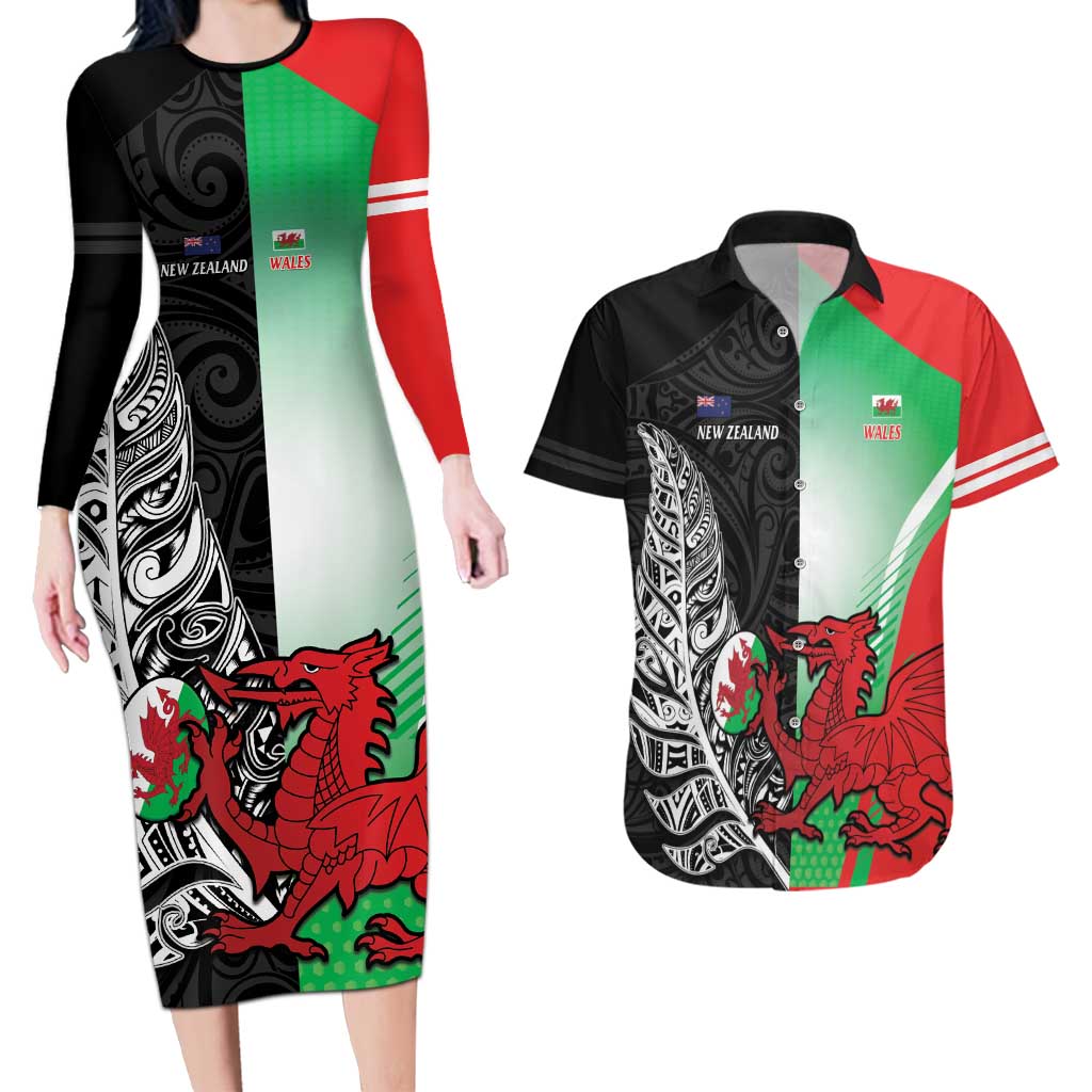 New Zealand and Wales Rugby Custom Couples Matching Long Sleeve Bodycon Dress and Hawaiian Shirt Aotearoa All Black Combine Welsh Dragon - Aussie Hoodie