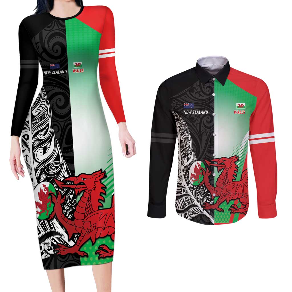New Zealand and Wales Rugby Custom Couples Matching Long Sleeve Bodycon Dress and Long Sleeve Button Shirt Aotearoa All Black Combine Welsh Dragon - Aussie Hoodie