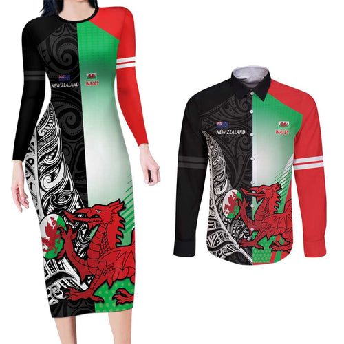 New Zealand and Wales Rugby Custom Couples Matching Long Sleeve Bodycon Dress and Long Sleeve Button Shirt Aotearoa All Black Combine Welsh Dragon - Aussie Hoodie