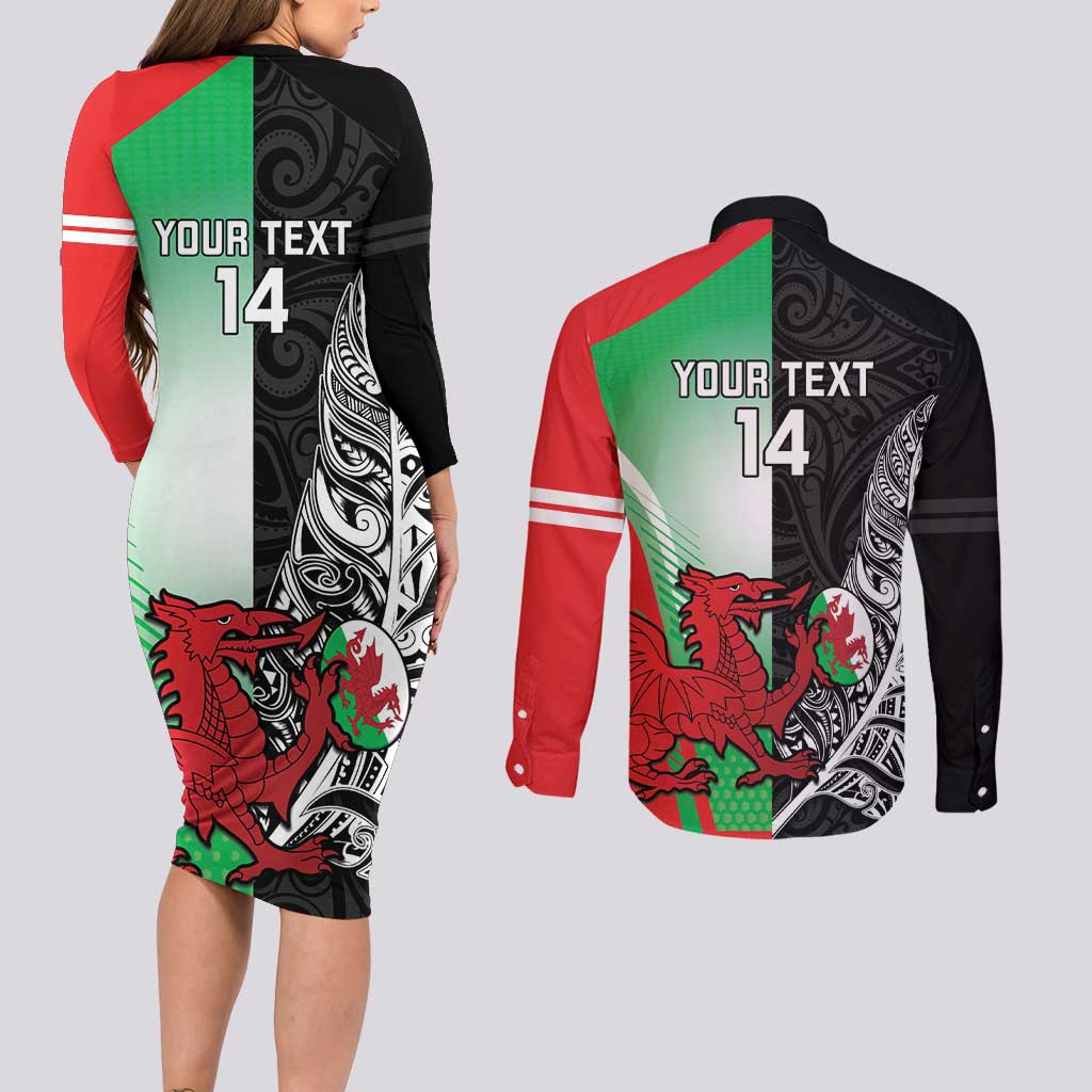 New Zealand and Wales Rugby Custom Couples Matching Long Sleeve Bodycon Dress and Long Sleeve Button Shirt Aotearoa All Black Combine Welsh Dragon - Aussie Hoodie