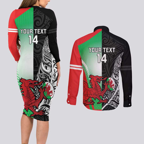 New Zealand and Wales Rugby Custom Couples Matching Long Sleeve Bodycon Dress and Long Sleeve Button Shirt Aotearoa All Black Combine Welsh Dragon - Aussie Hoodie