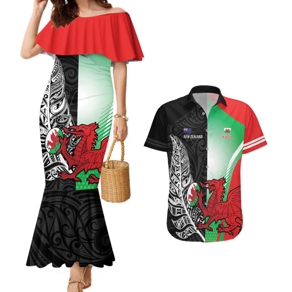 New Zealand and Wales Rugby Custom Couples Matching Mermaid Dress and Hawaiian Shirt Aotearoa All Black Combine Welsh Dragon - Aussie Hoodie