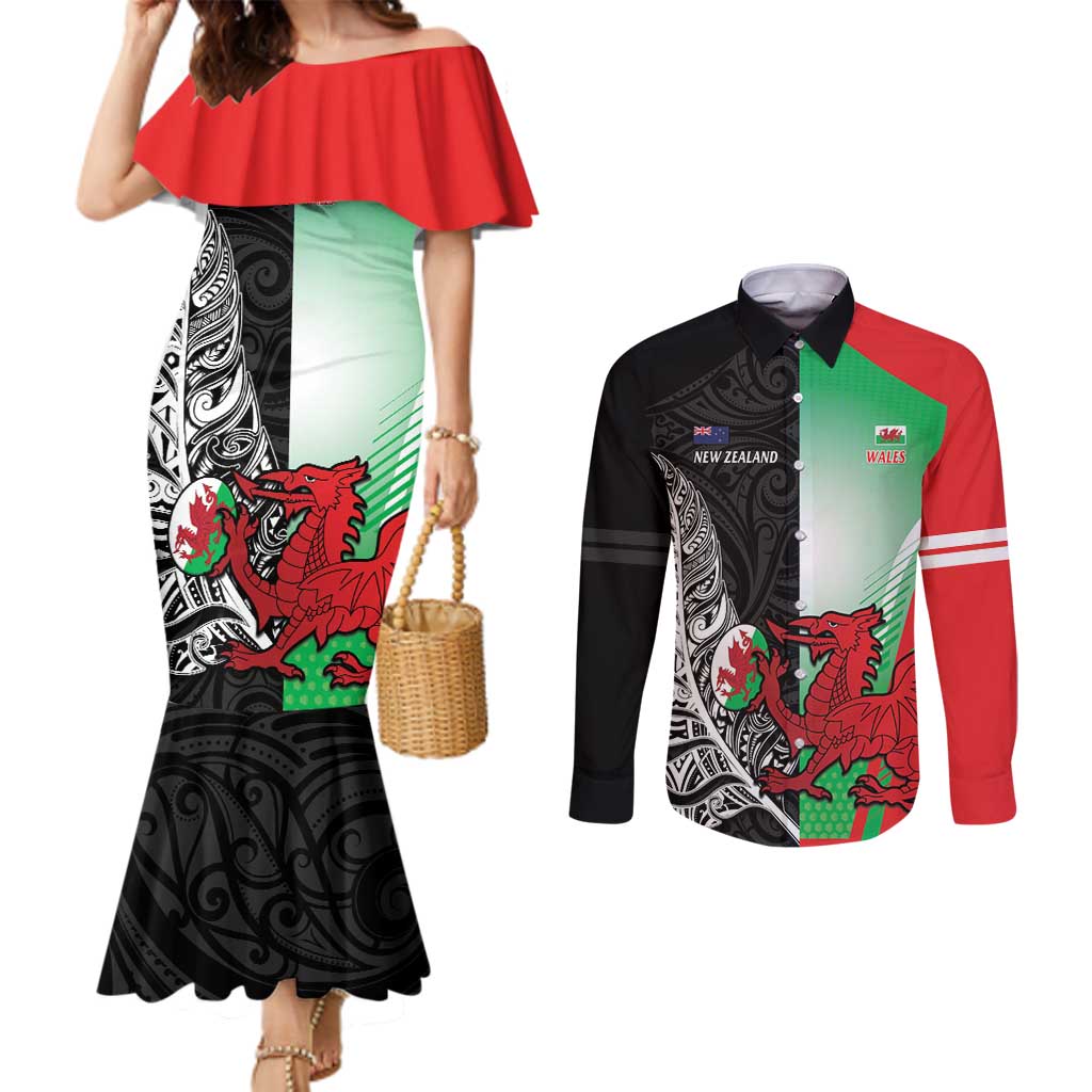 New Zealand and Wales Rugby Custom Couples Matching Mermaid Dress and Long Sleeve Button Shirt Aotearoa All Black Combine Welsh Dragon - Aussie Hoodie