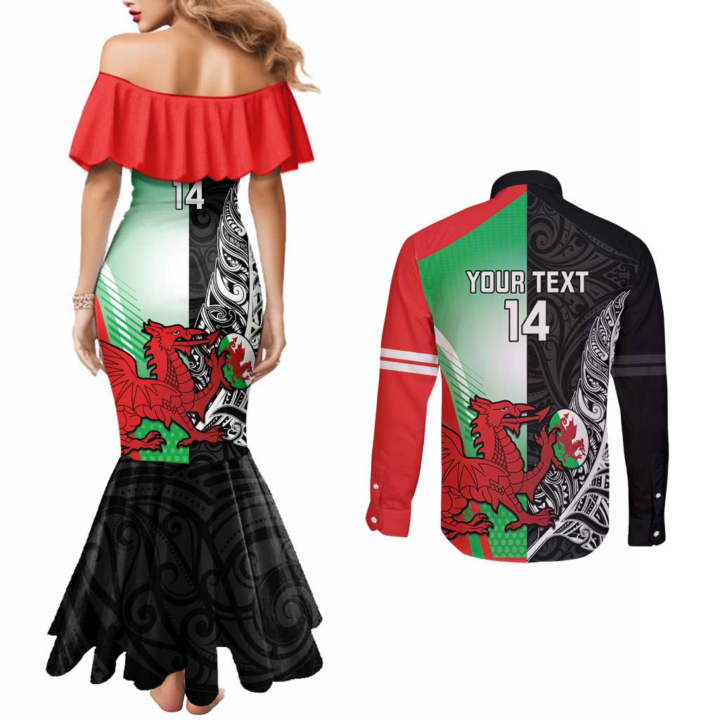 New Zealand and Wales Rugby Custom Couples Matching Mermaid Dress and Long Sleeve Button Shirt Aotearoa All Black Combine Welsh Dragon - Aussie Hoodie