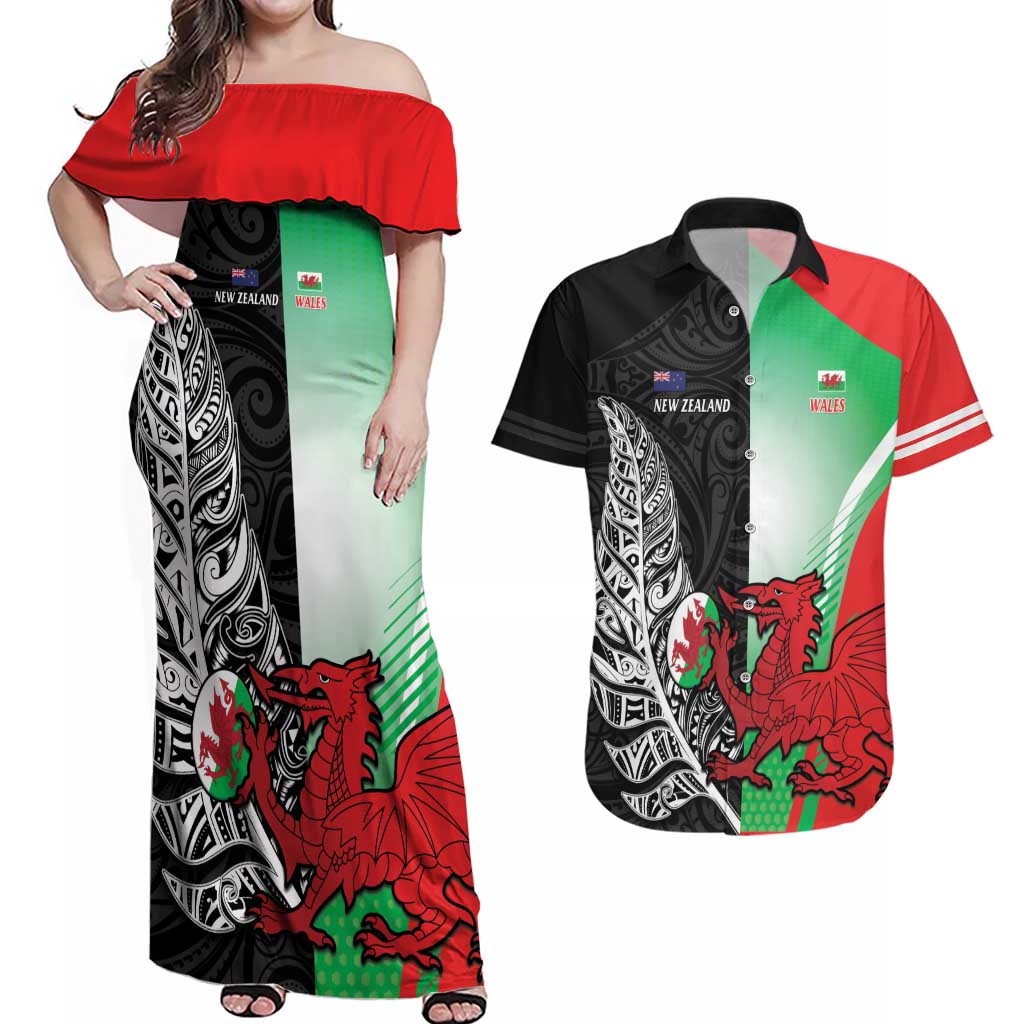 New Zealand and Wales Rugby Custom Couples Matching Off Shoulder Maxi Dress and Hawaiian Shirt Aotearoa All Black Combine Welsh Dragon - Aussie Hoodie