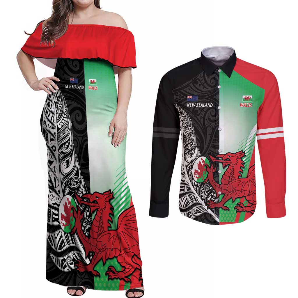 New Zealand and Wales Rugby Custom Couples Matching Off Shoulder Maxi Dress and Long Sleeve Button Shirt Aotearoa All Black Combine Welsh Dragon - Aussie Hoodie