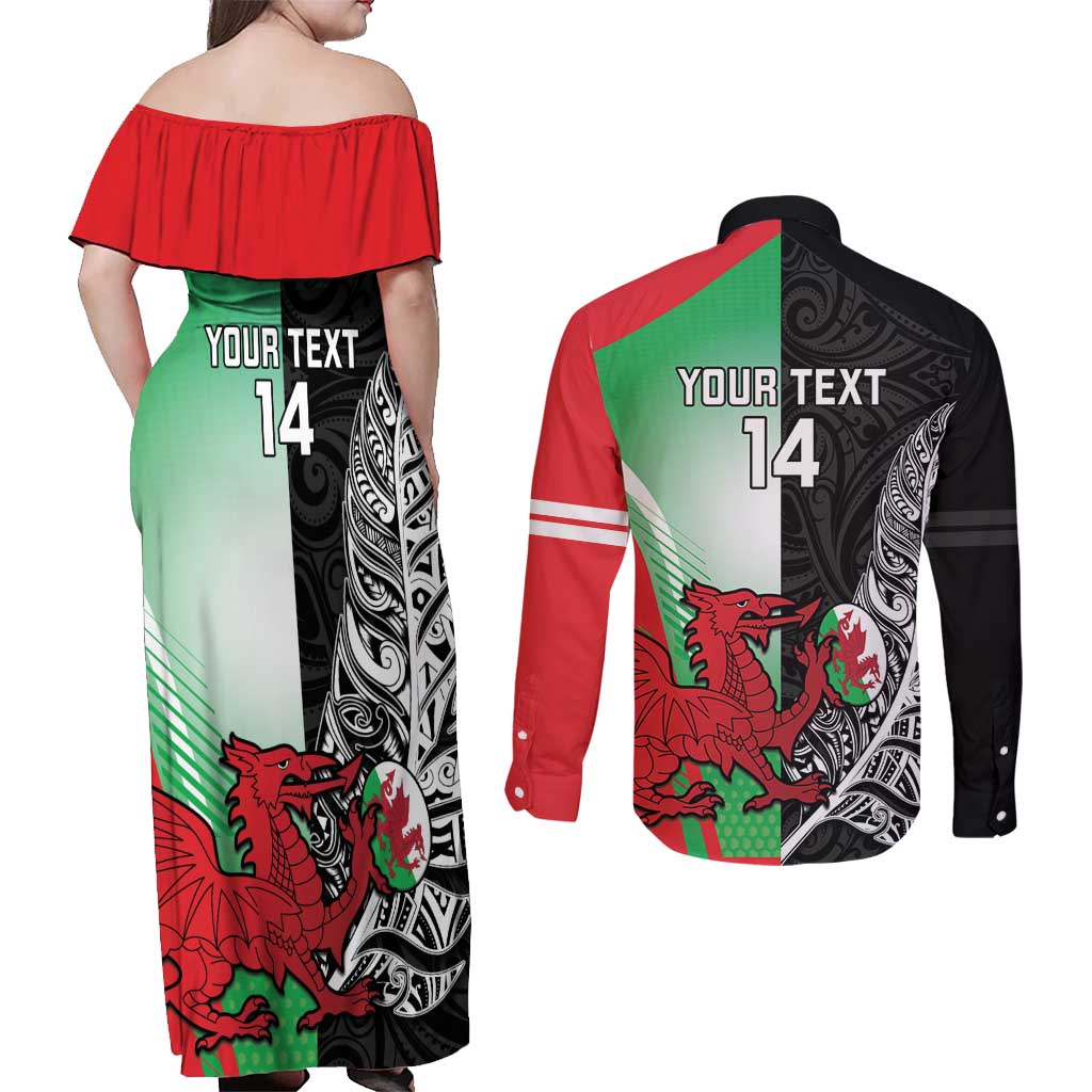 New Zealand and Wales Rugby Custom Couples Matching Off Shoulder Maxi Dress and Long Sleeve Button Shirt Aotearoa All Black Combine Welsh Dragon - Aussie Hoodie