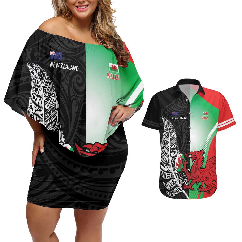 New Zealand and Wales Rugby Custom Couples Matching Off Shoulder Short Dress and Hawaiian Shirt Aotearoa All Black Combine Welsh Dragon - Aussie Hoodie
